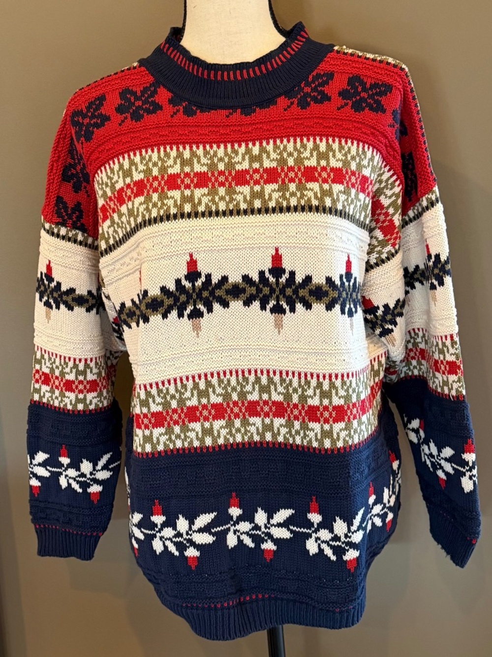 Vintage Keren Nordic Fair Isle Christmas Cotton Sweater Mock Neck, Size Medium